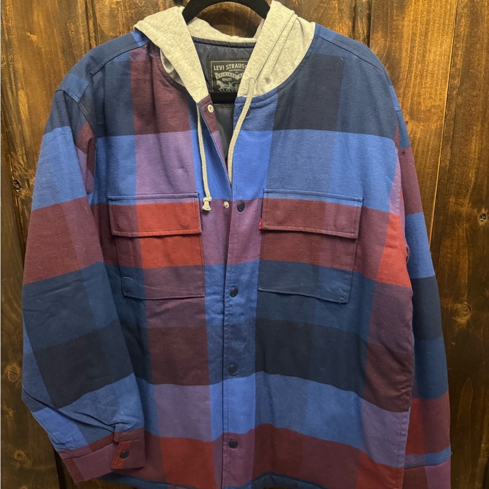 Levi's Men's Hooded Plaid Shirt Jacket - Blue and Burgundy